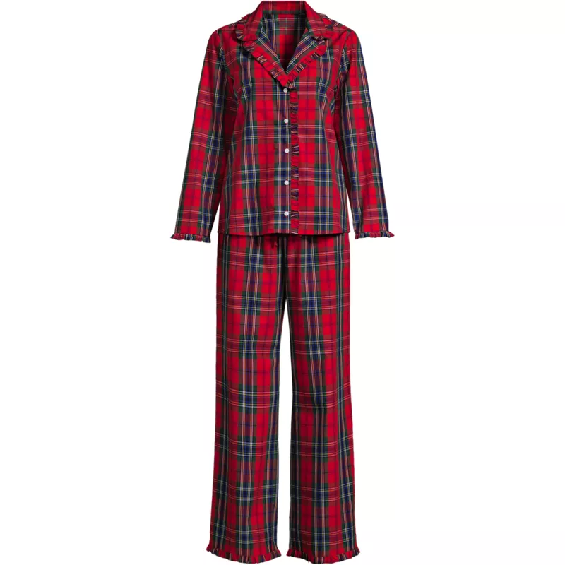 Women's Cotton Poplin Ruffle 2 Piece Pajama Set - Long Sleeve Top and Pants, Front