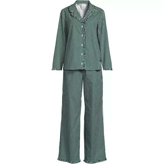Women's Plus Size Cotton Poplin Ruffle 2 Piece Pajama Set - Long Sleeve Top and Pants - primary