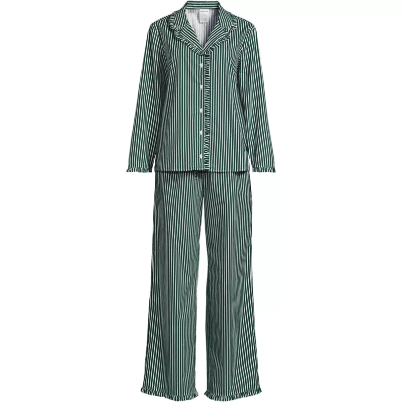 Women's Plus Size Cotton Poplin Ruffle 2 Piece Pajama Set - Long Sleeve Top and Pants, Front