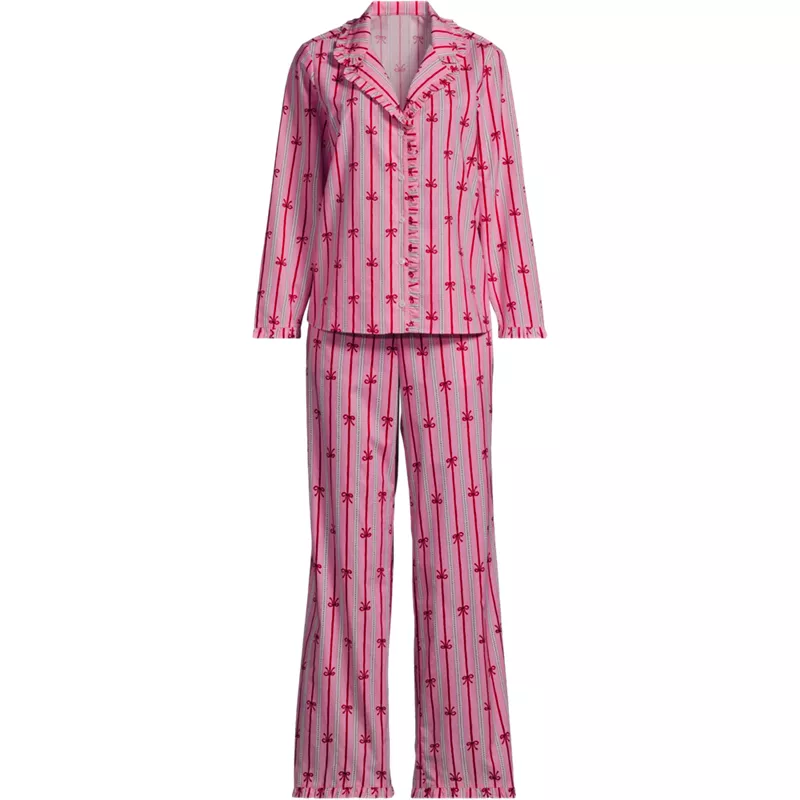 Women's Cotton Poplin Ruffle 2 Piece Pajama Set - Long Sleeve Top and Pants, Front