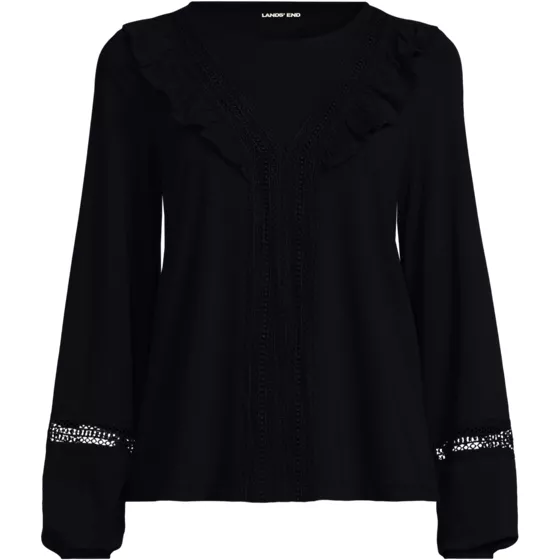 Women's Long Sleeve Lightweight Jersey Crew Neck Lace Ruffle Blouse - primary
