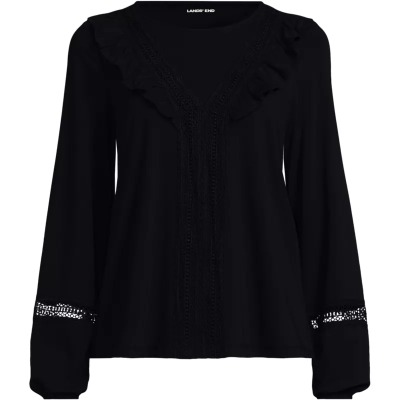 Women's Long Sleeve Lightweight Jersey Crew Neck Lace Ruffle Blouse, Front