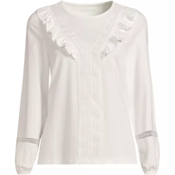 Women's Plus Size Long Sleeve Lightweight Jersey Crew Neck Lace Ruffle Blouse - primary