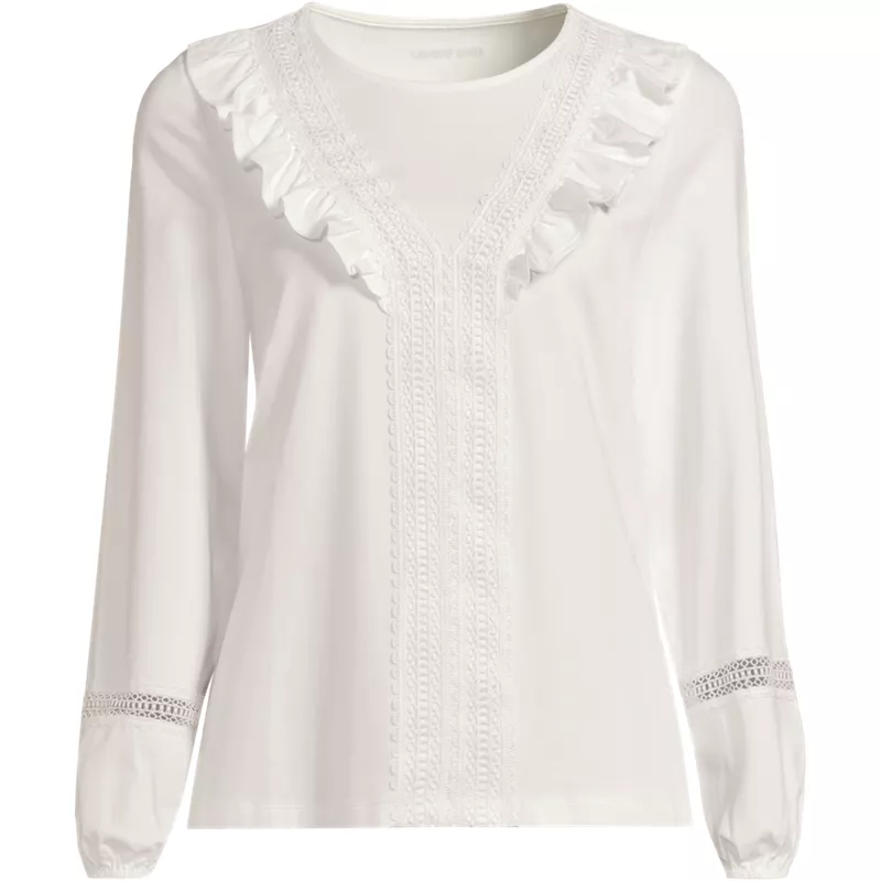Women's Plus Size Long Sleeve Lightweight Jersey Crew Neck Lace Ruffle Blouse, Front