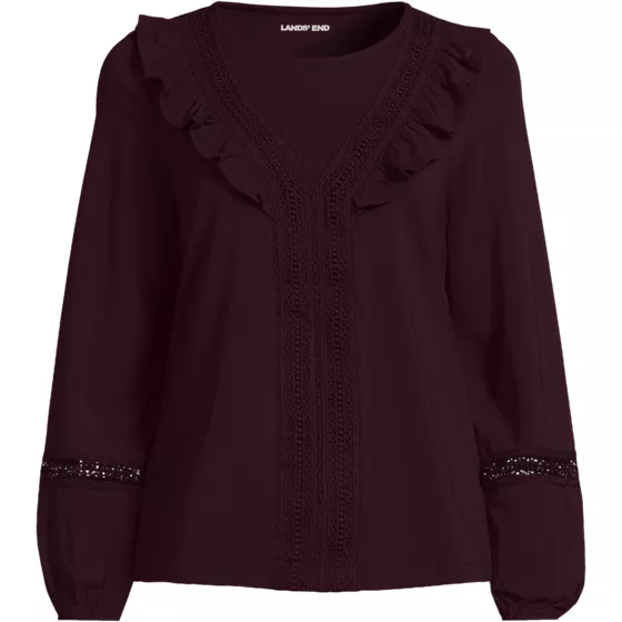 Women's Long Sleeve Lightweight Jersey Crew Neck Lace Ruffle Blouse - primary
