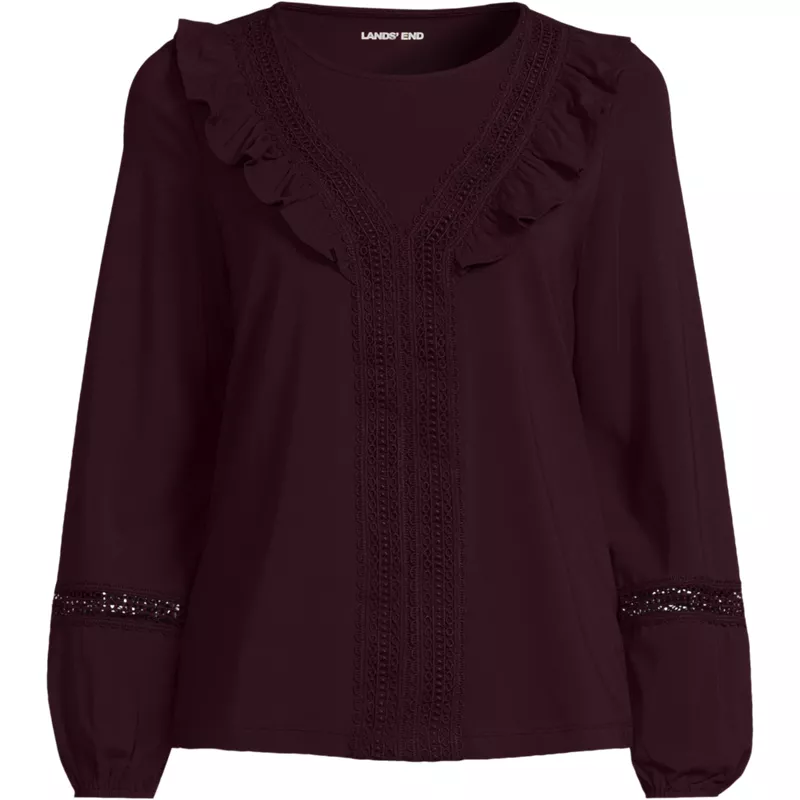 Women's Petite Long Sleeve Lightweight Jersey Crew Neck Lace Ruffle Blouse, Front