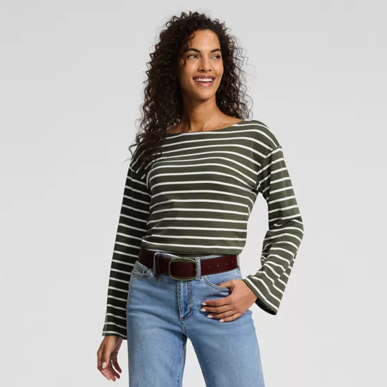Women's Bracelet Sleeve Supima Cotton Boat Neck Flare Sleeve Top - primary