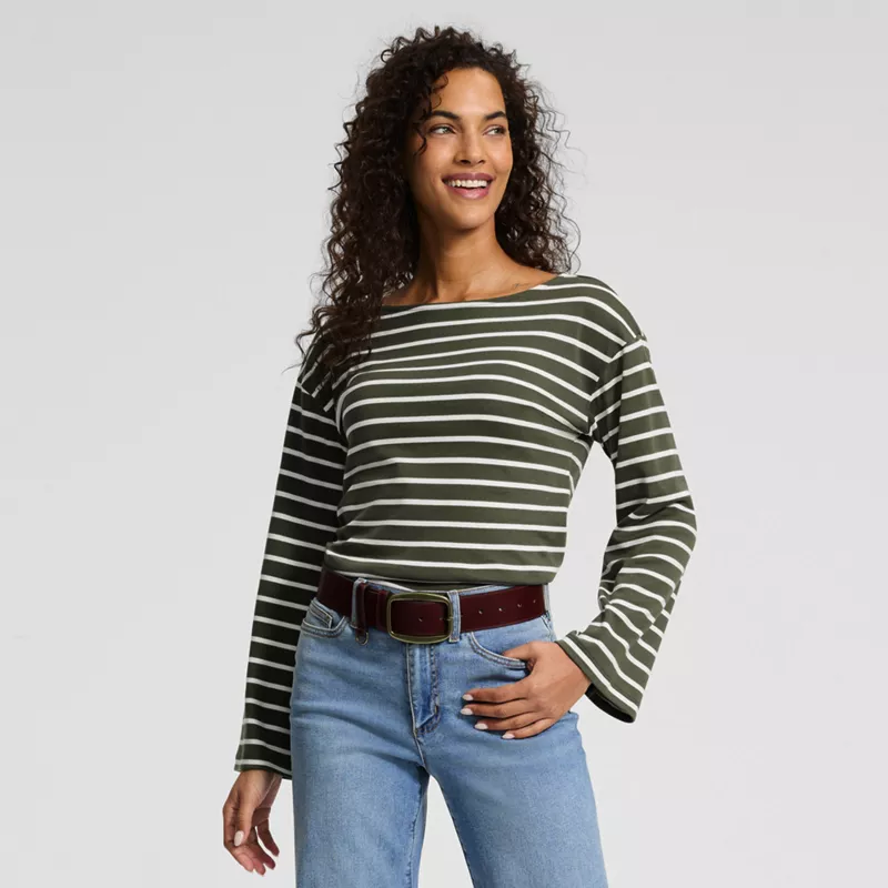 Women's Bracelet Sleeve Supima Cotton Boat Neck Flare Sleeve Top, alternative image