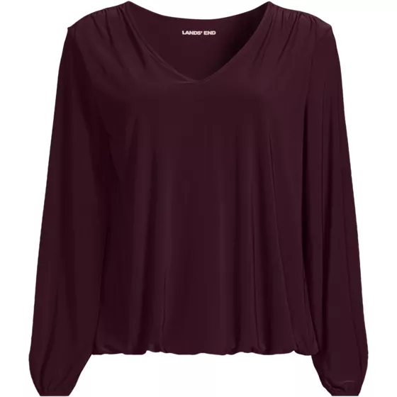 Women's Long Sleeve Silky Knit V-Neck Blouson Top - primary