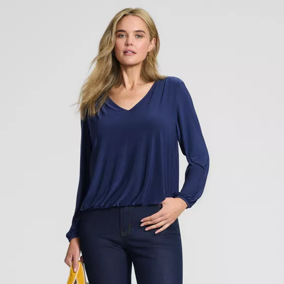 Women's Long Sleeve Silky Knit V-Neck Blouson Top - primary