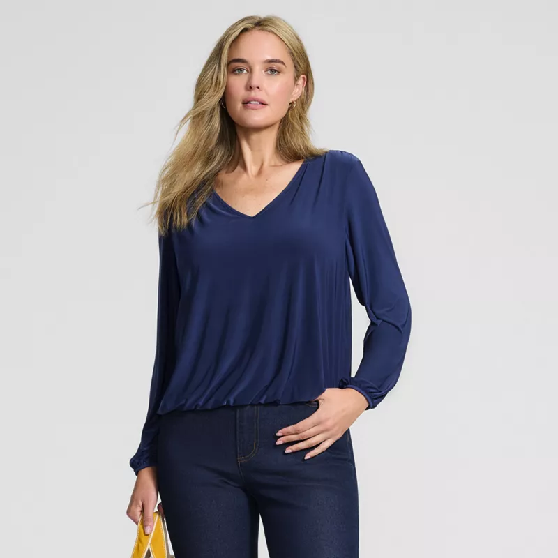 Women's Long Sleeve Silky Knit V-Neck Blouson Top, alternative image