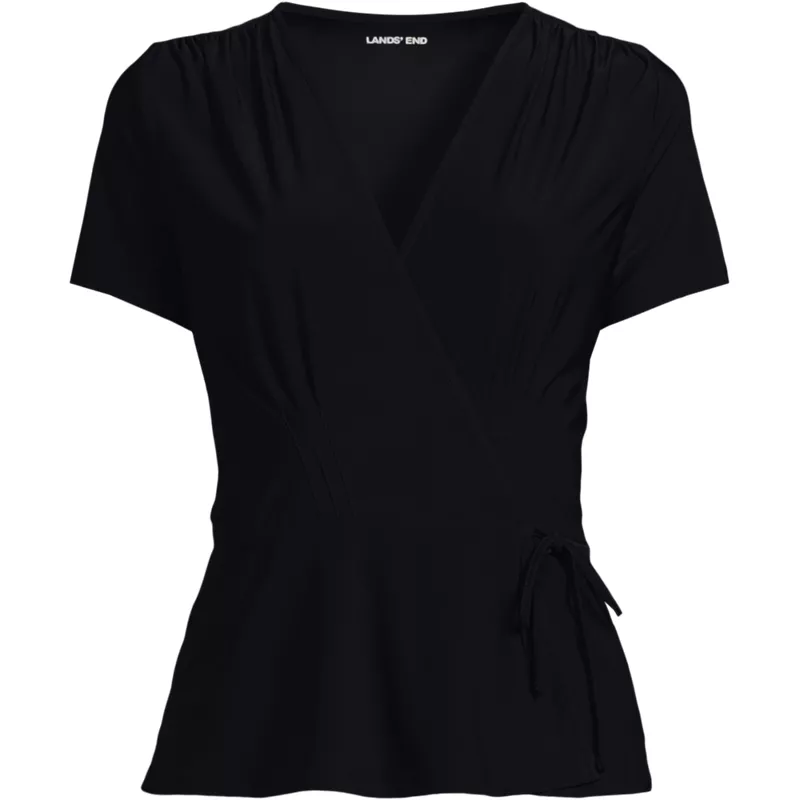 Women's Short Sleeve Silky Knit Wrap Blouse, Front