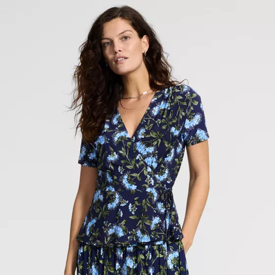 Women's Short Sleeve Silky Knit Wrap Blouse - primary