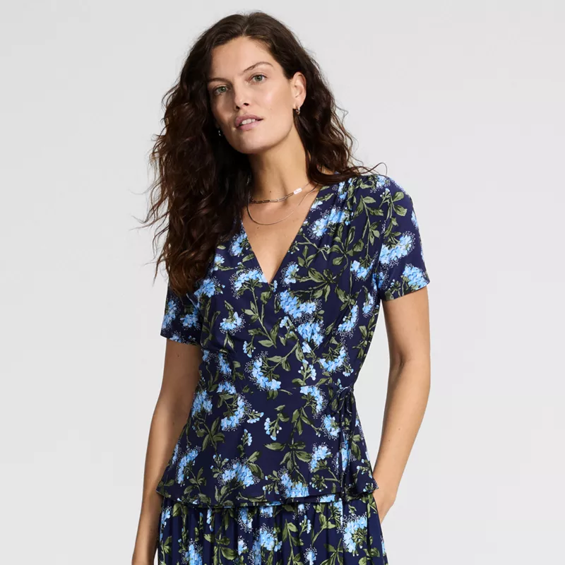 Women's Short Sleeve Silky Knit Wrap Blouse, alternative image