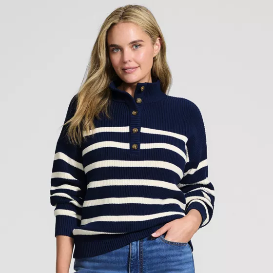 Women's Cotton Button Up Henley Sweater - primary