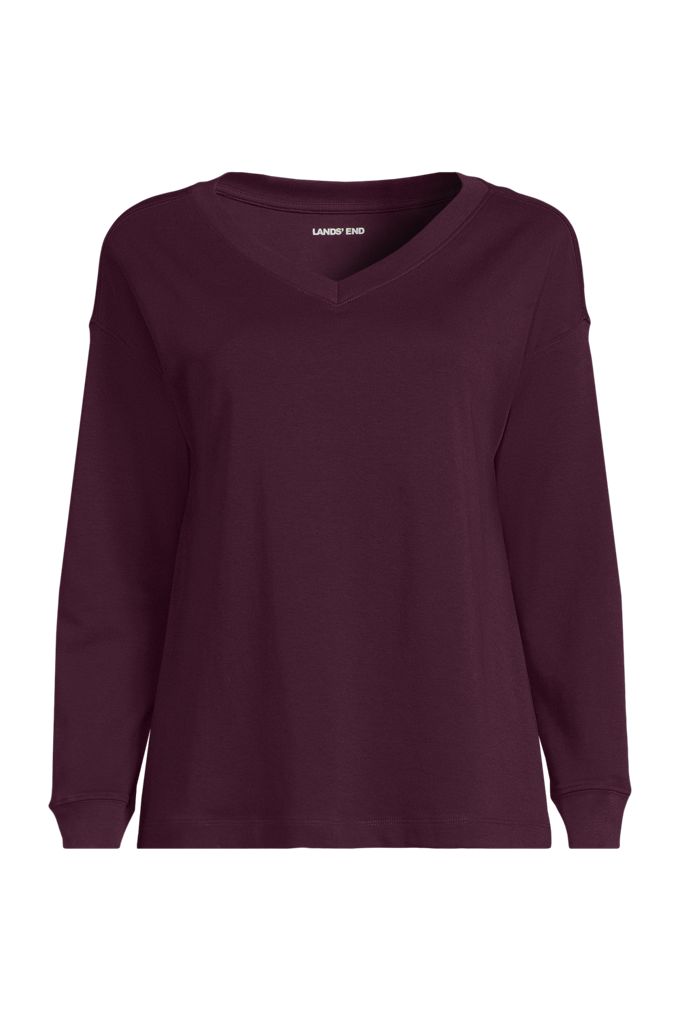 Women's Long Sleeve Cotton V-Neck Tee - Lands' End - Red - S