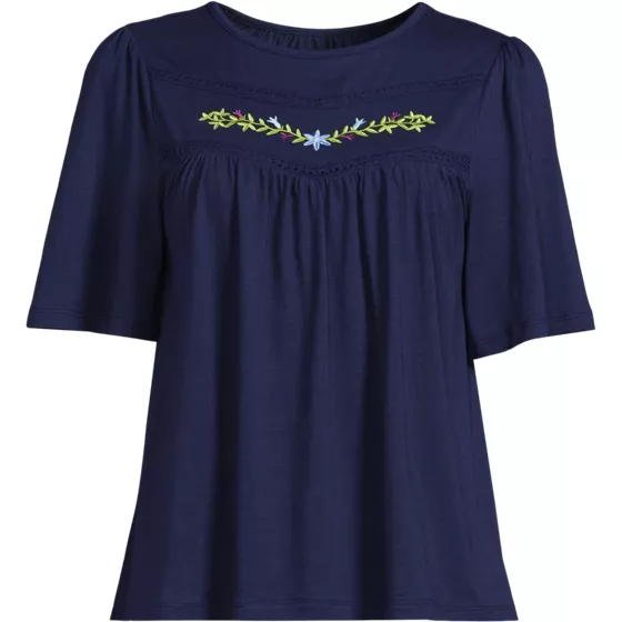Women's Plus Size Elbow Sleeve Slub Jersey Embroidered Yoke Pintuck Blouse - primary