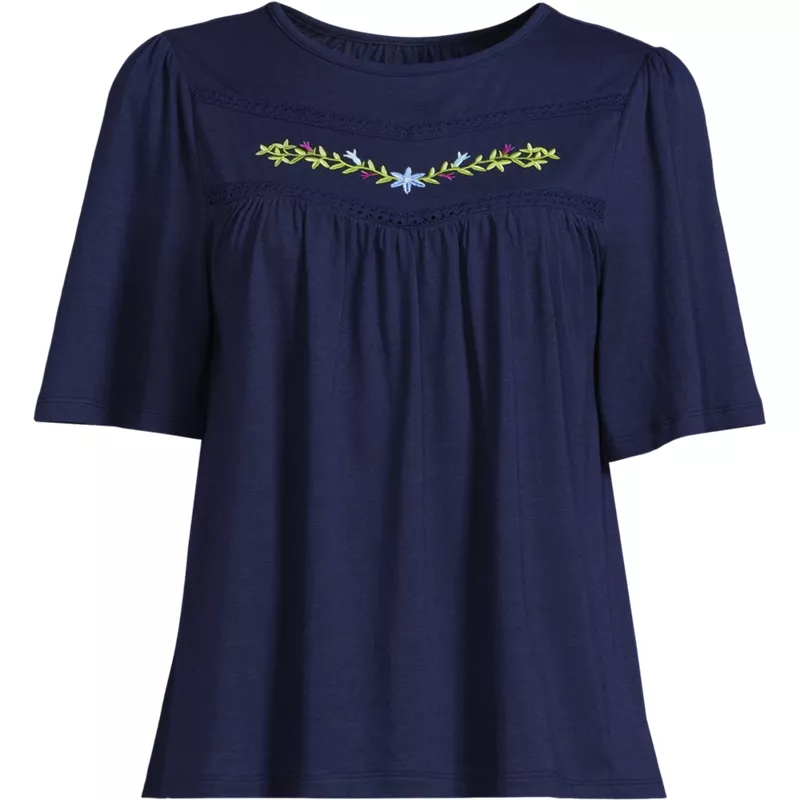 Women's Plus Size Elbow Sleeve Slub Jersey Embroidered Yoke Pintuck Blouse, Front
