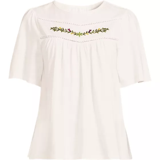 Women's Elbow Sleeve Slub Jersey Embroidered Yoke Pintuck Blouse - primary