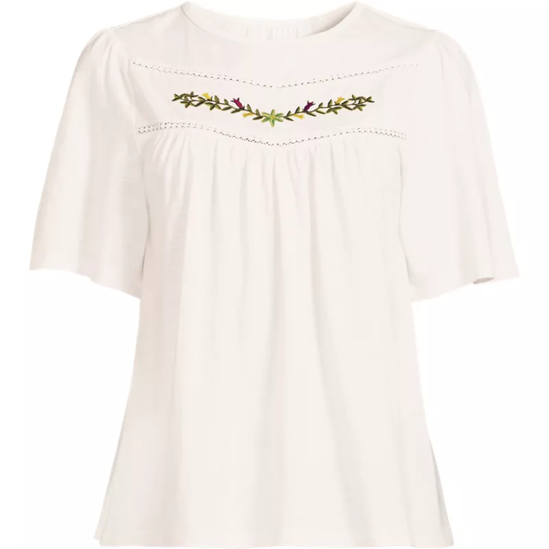 Women's Elbow Sleeve Slub Jersey Embroidered Yoke Pintuck Blouse, Front