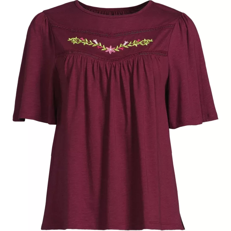 Women's Elbow Sleeve Slub Jersey Embroidered Yoke Pintuck Blouse, Front