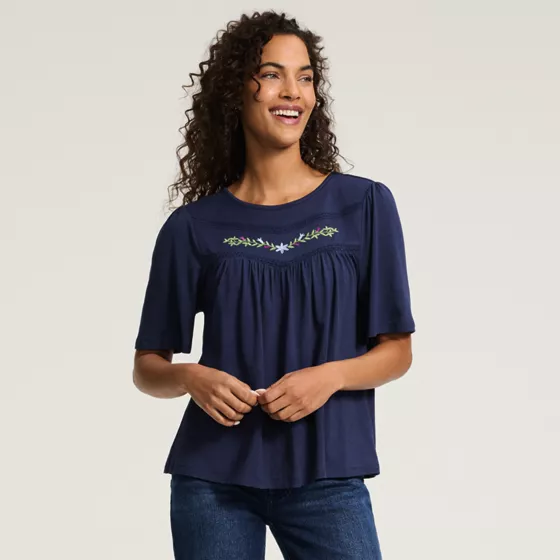 Women's Elbow Sleeve Slub Jersey Embroidered Yoke Pintuck Blouse - primary