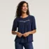 Women's Elbow Sleeve Slub Jersey Embroidered Yoke Pintuck Blouse, alternative image