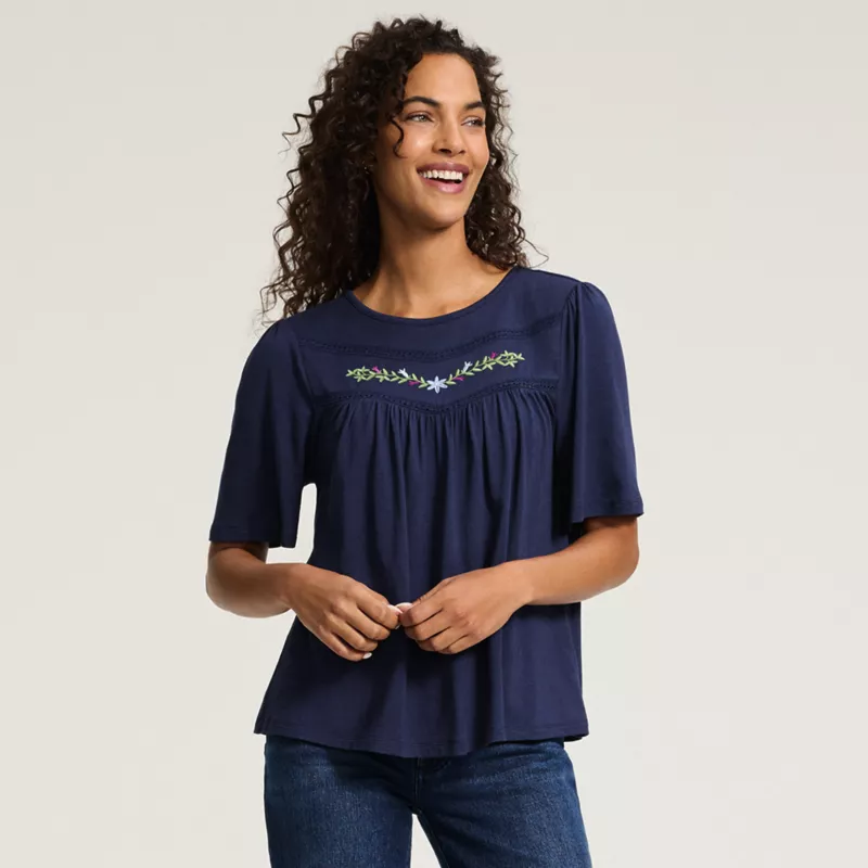 Women's Elbow Sleeve Slub Jersey Embroidered Yoke Pintuck Blouse, alternative image