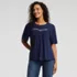 Women's Elbow Sleeve Slub Jersey Embroidered Yoke Pintuck Blouse, Front