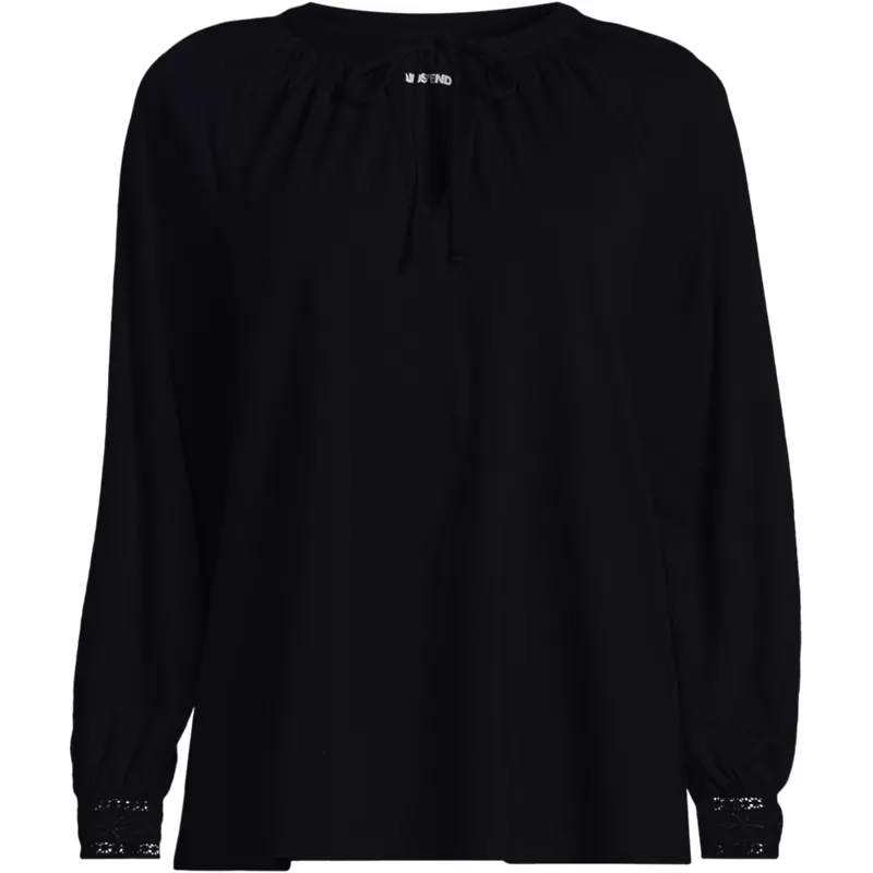 Women's Long Sleeve Slub Jersey Embroidered Sleeve Blouse, Front