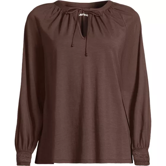 Women's Plus Size Long Sleeve Slub Jersey Embroidered Sleeve Blouse - primary