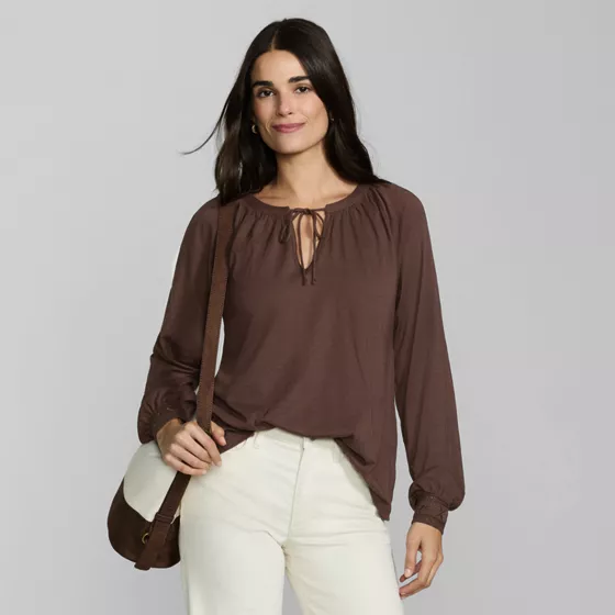 Women's Long Sleeve Slub Jersey Embroidered Sleeve Blouse - primary