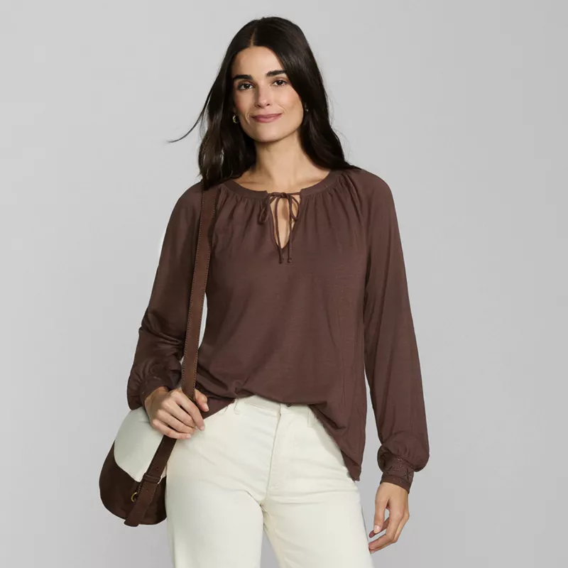 Women's Long Sleeve Slub Jersey Embroidered Sleeve Blouse, alternative image