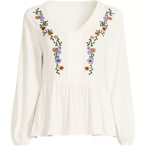Women's Plus Size Long Sleeve Slub Jersey V-Neck Embroidered Tiered Blouse - primary