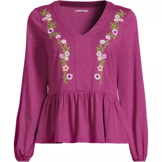 Women's Long Sleeve Slub Jersey V-Neck Embroidered Tiered Blouse - primary