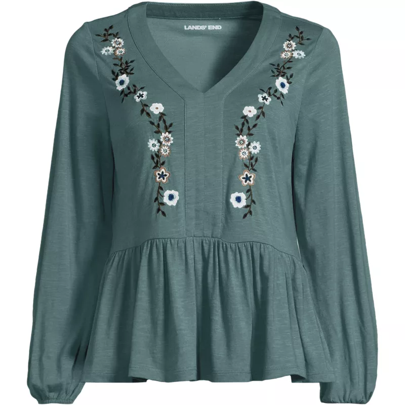 Women's Plus Size Long Sleeve Slub Jersey V-Neck Embroidered Tiered Blouse, Front