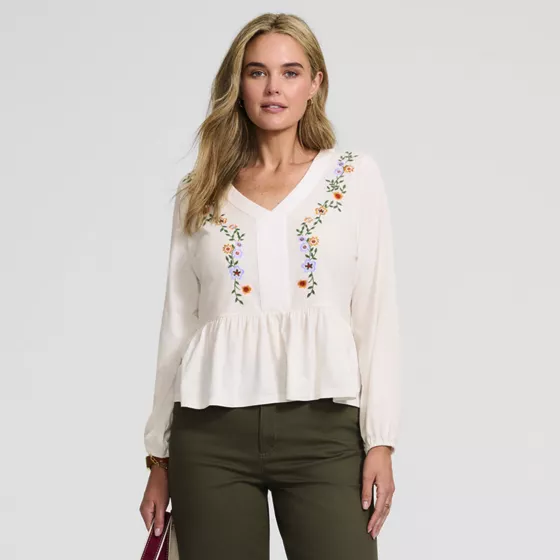 Women's Long Sleeve Slub Jersey V-Neck Embroidered Tiered Blouse - primary