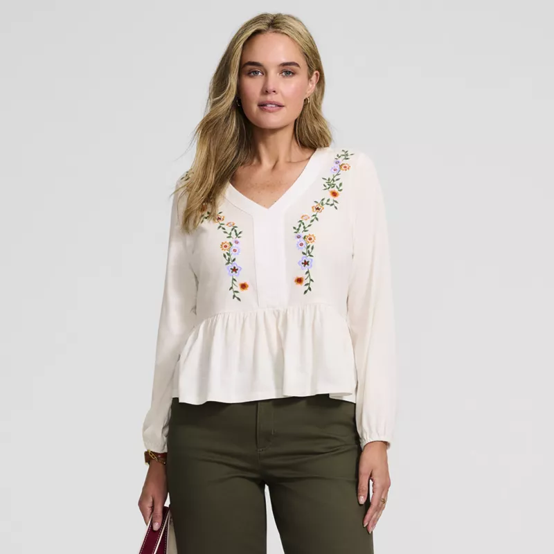 Women's Long Sleeve Slub Jersey V-Neck Embroidered Tiered Blouse, alternative image