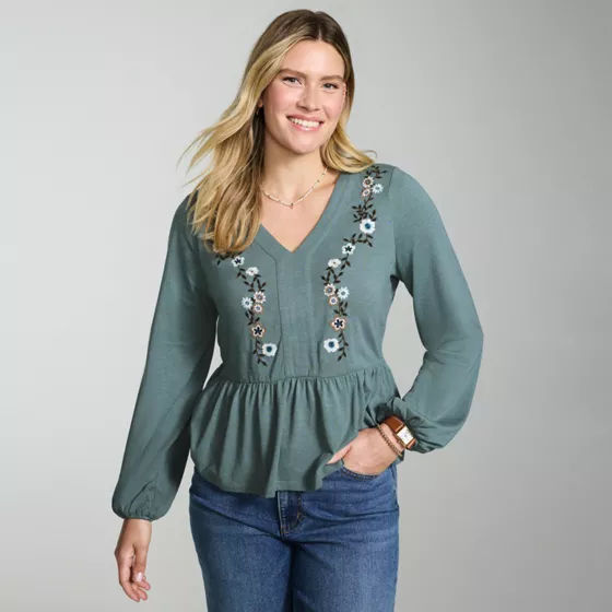 Women's Long Sleeve Slub Jersey V-Neck Embroidered Tiered Blouse - primary