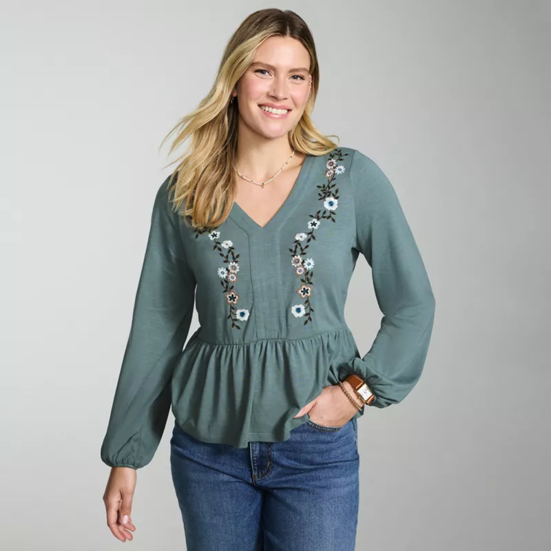 Women's Long Sleeve Slub Jersey V-Neck Embroidered Tiered Blouse, alternative image