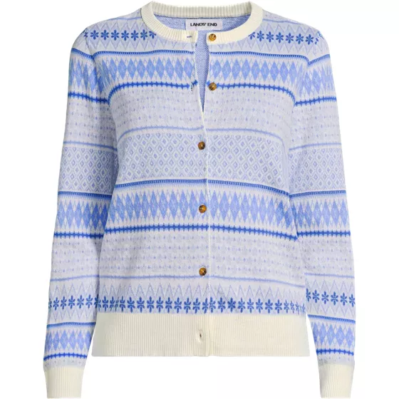 Women's Modern Length Fine Gauge Crew Neck Jacquard Cardigan Sweater - primary