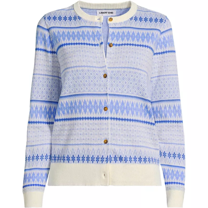 Women's Plus Size Modern Length Fine Gauge Crew Neck Jacquard Cardigan Sweater, Front