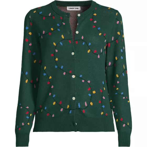 Women's Modern Length Fine Gauge Crew Neck Jacquard Cardigan Sweater - primary