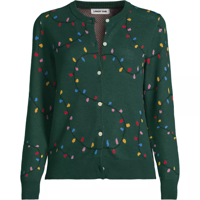 Women's Plus Size Modern Length Fine Gauge Crew Neck Jacquard Cardigan Sweater, Front