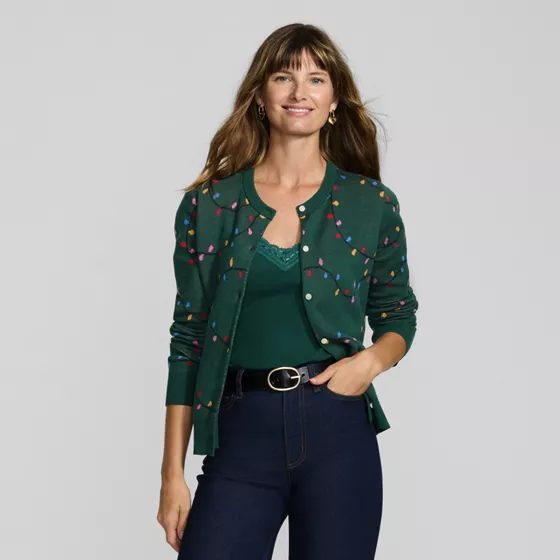 Women's Modern Length Fine Gauge Crew Neck Jacquard Cardigan Sweater - primary