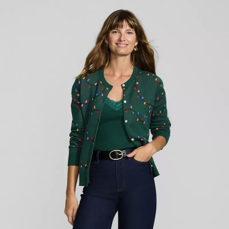 Women's Modern Length Fine Gauge Crew Neck Jacquard Cardigan Sweater, alternative image
