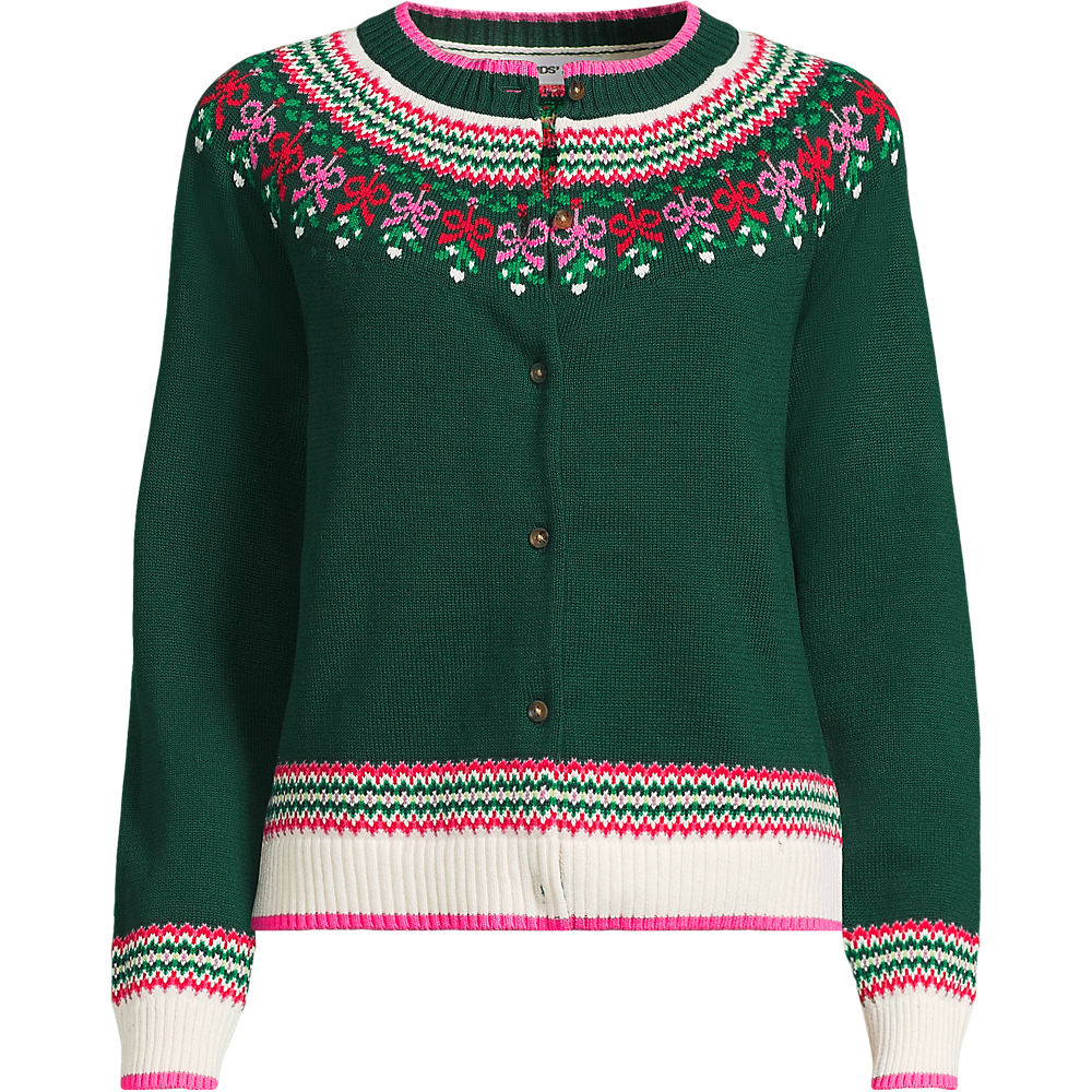 Fair Isle Drifter Cardigan, Women, size: XS, petite, Red, Cotton, by Lands' End