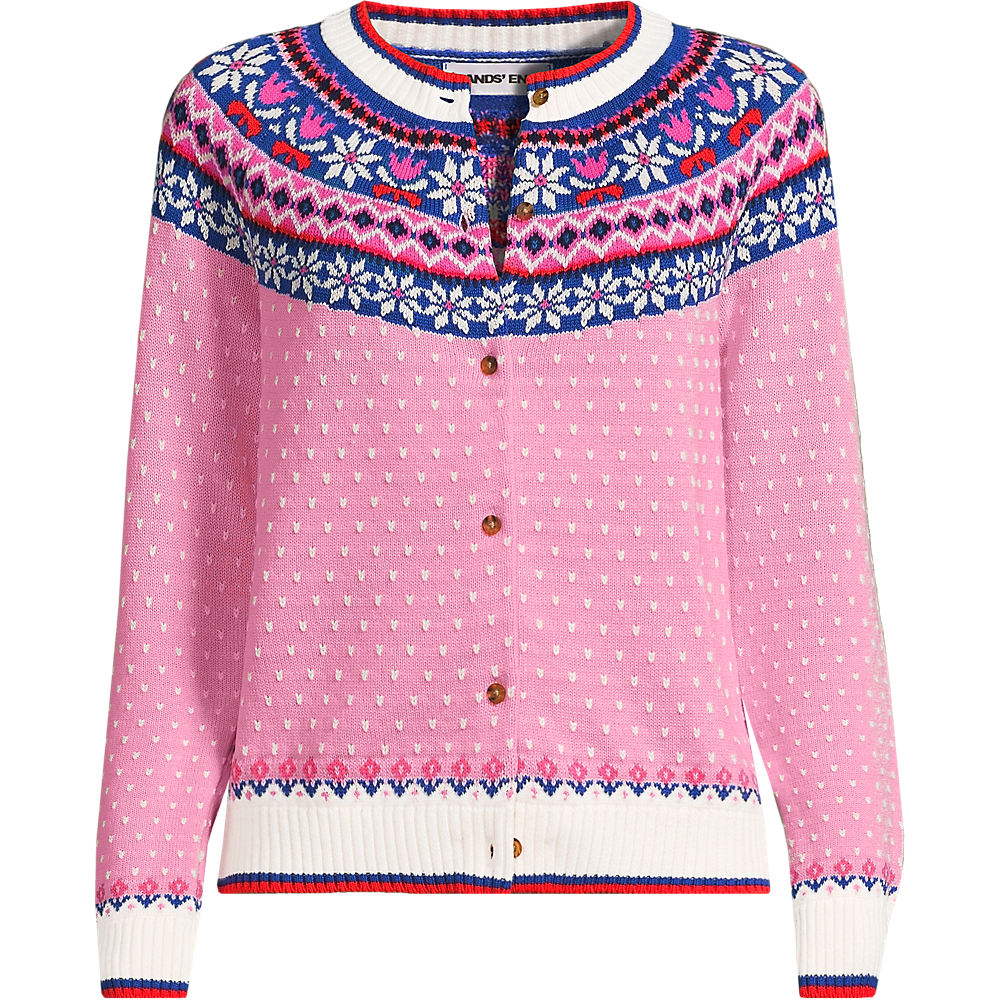 Fair Isle Drifter Cardigan, Women, size: M, regular, Pink, Cotton, by Lands' End