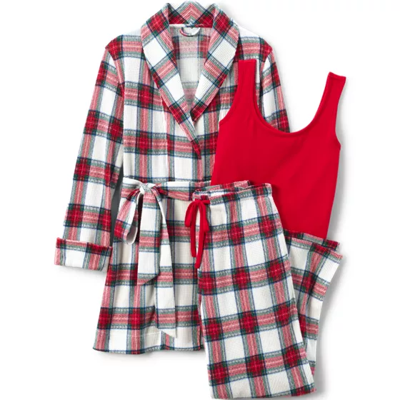 Women's Plus Size Waffle 3 Piece Pajama Set - Tank Pants and Cardigan Robe - primary