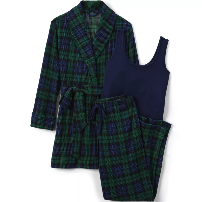 Women's Waffle 3 Piece Pajama Set - Tank Pants and Cardigan Robe, Front